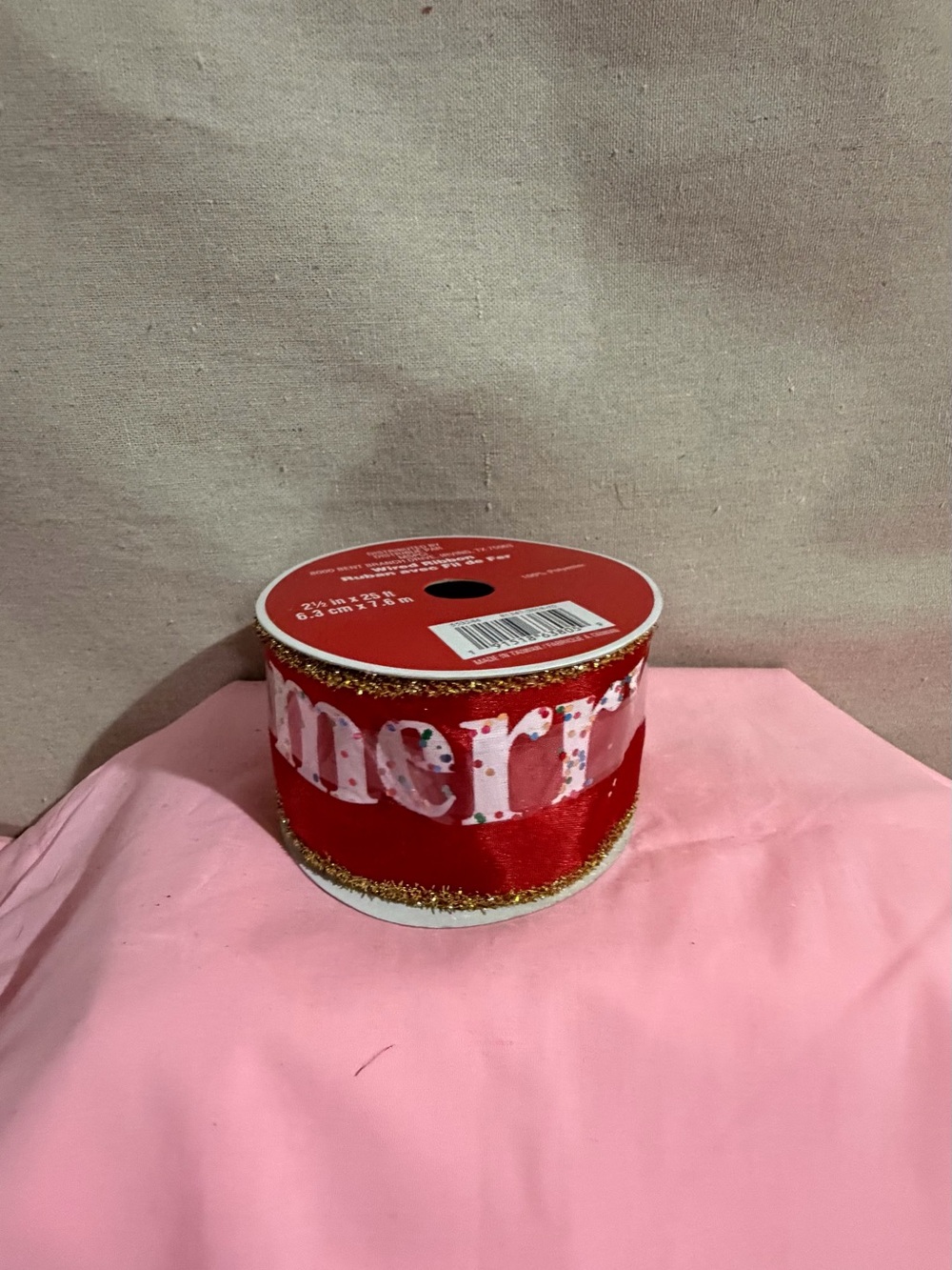 Celebrate It Red 'Merry' Ribbon Roll with White Lettering and Gold Trim